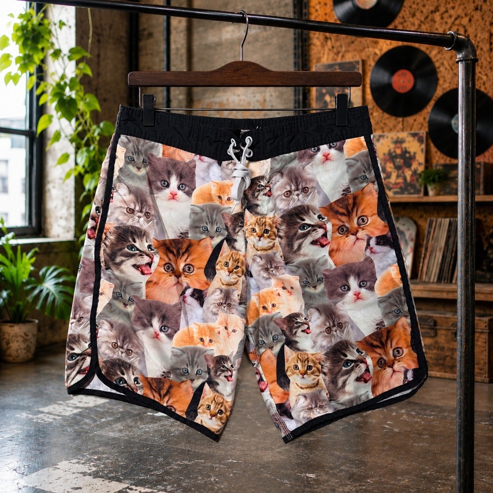 Mens All Over Print Cat Kitten Graphic Board Shorts Black White Brown